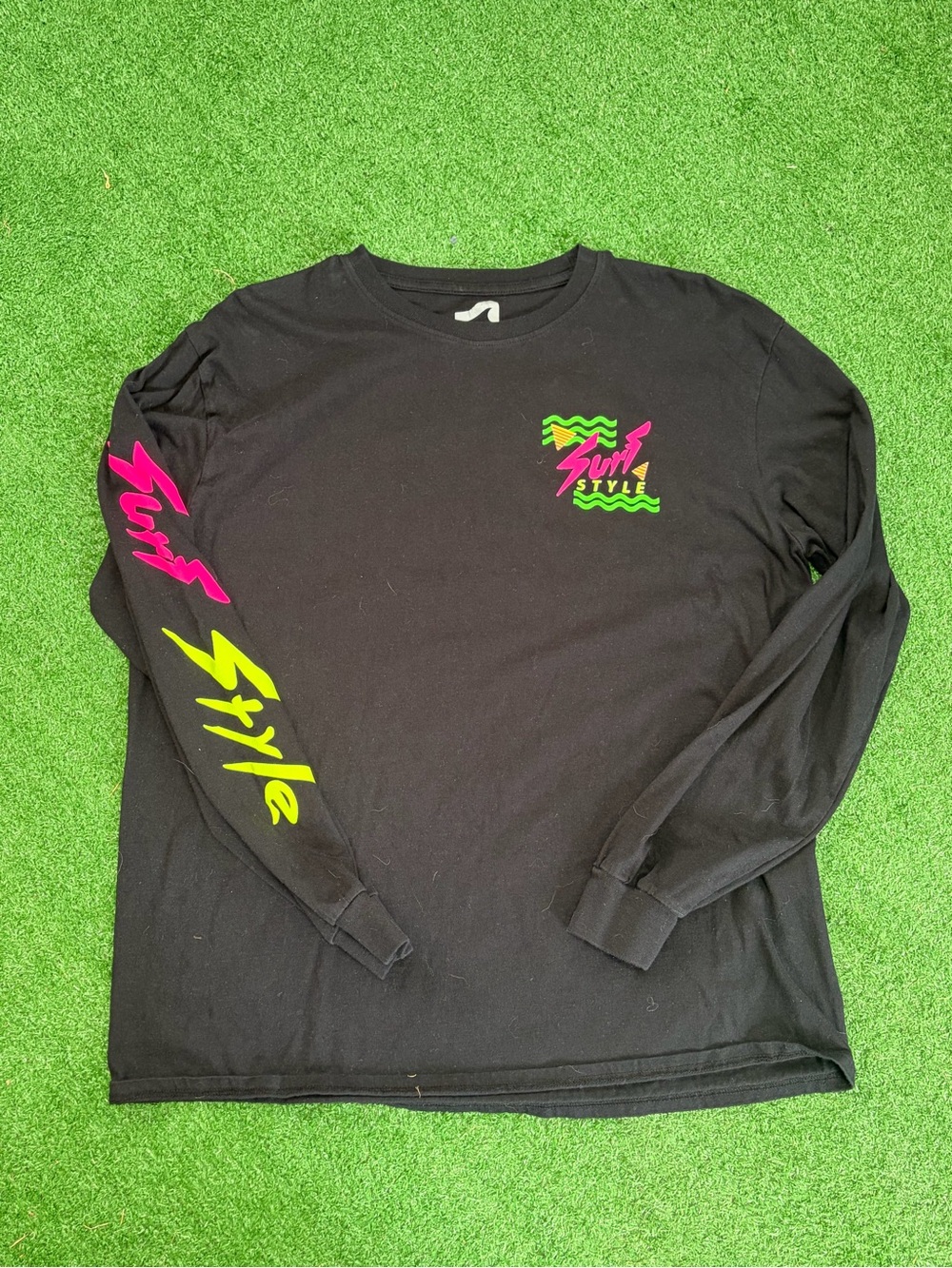 surf style Black Long Sleeve Tee with Neon Pink & Neon Yellow Logos